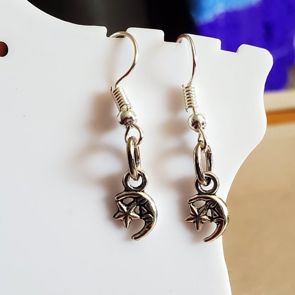 Silver Tone Hook Crescent Moon Star Earrings Style - Picture 2 of 2